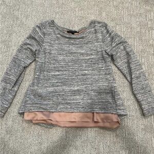 White House Black Market Heather Gray Long Sleeve Top with Pink Silk Hem